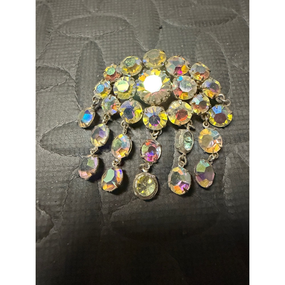 Aurora Borealis Rhinestone Dangle Brooch OS Multicolor Vintage Jewelry AB Pin